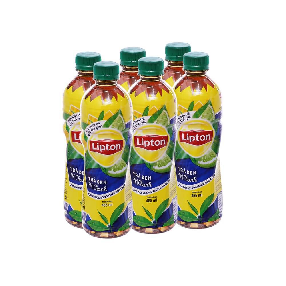 Lốc 6 Chai Trà Đen Lipton Vị Chanh Chai 455ml