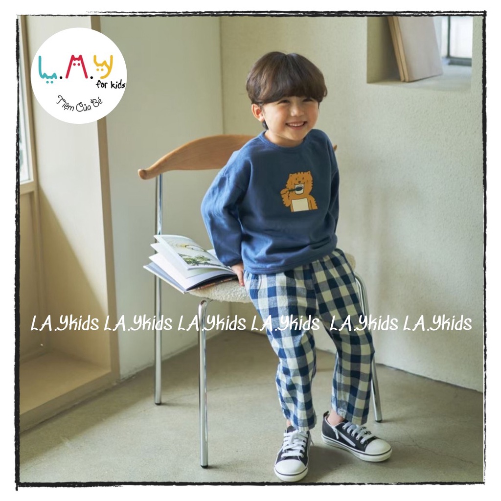 Set Áo Bo Gấu In Hình Hổ Cún Gấu Đánh Răng Quần Kẻ Caro Mix Nâu Xanh Đen L.A.Y kids