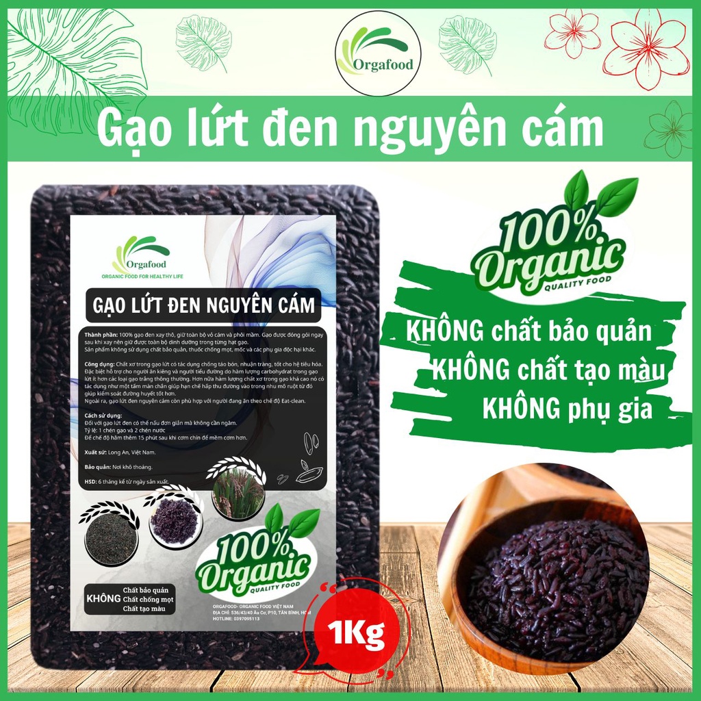 Gạo lứt đen dẻo hữu cơ nguyên cám Orgafood 1kg, gạo lức ăn kiêng giảm cân, eatclean không cần ngâm