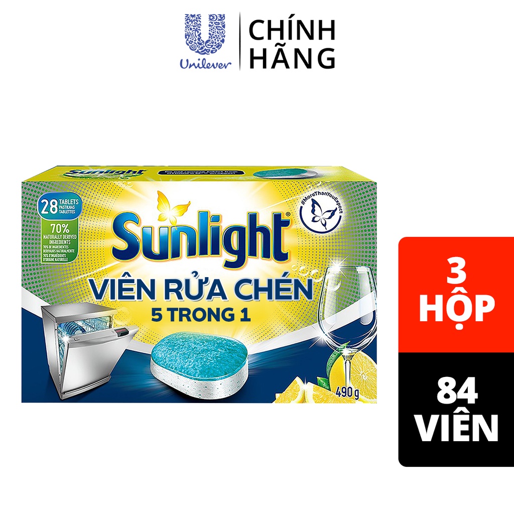 3 Hộp Viên Rửa Chén Bát Sunlight 5 in 1 Dành Cho Máy Rửa Chén (490g/Hộp)