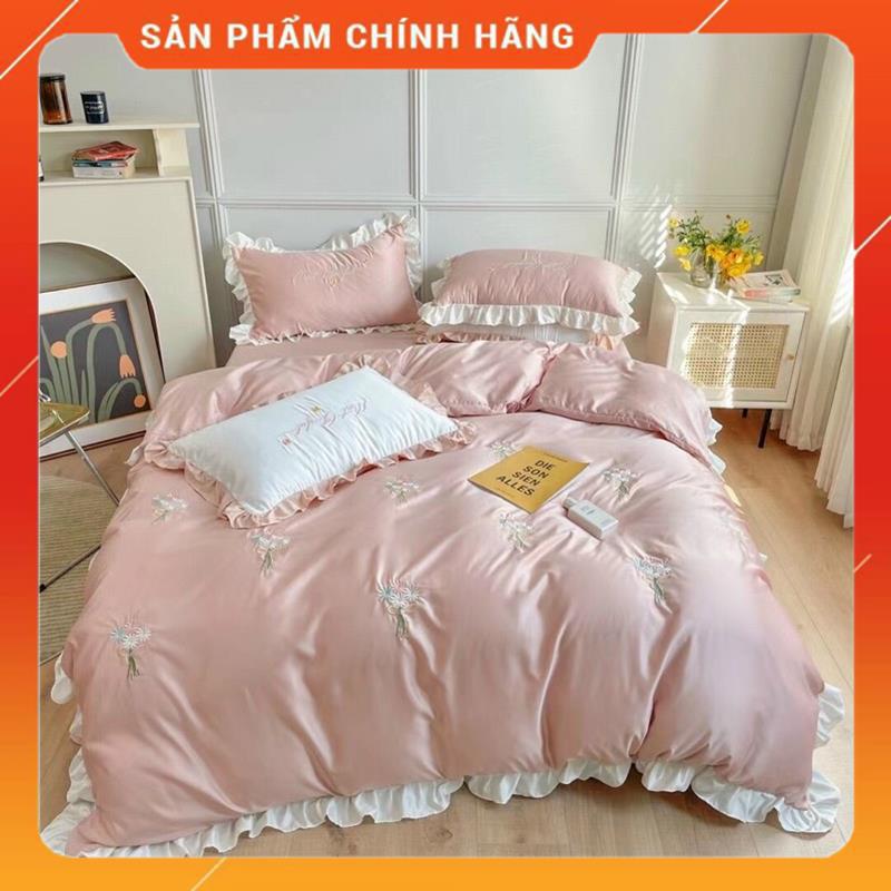 Bộ Chăn Ga Gối Lụa thêu cao cấp mẫu Hoa Cúc 4 món chất liệu phi lụa telcel 100s | BigBuy360 - bigbuy360.vn