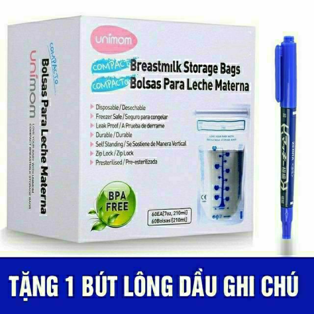 (Kèm 01 viết) Hộp 60 Túi đựng trữ sữa mẹ 210ml UNIMOM Compact UM870268 (Made in Korea)