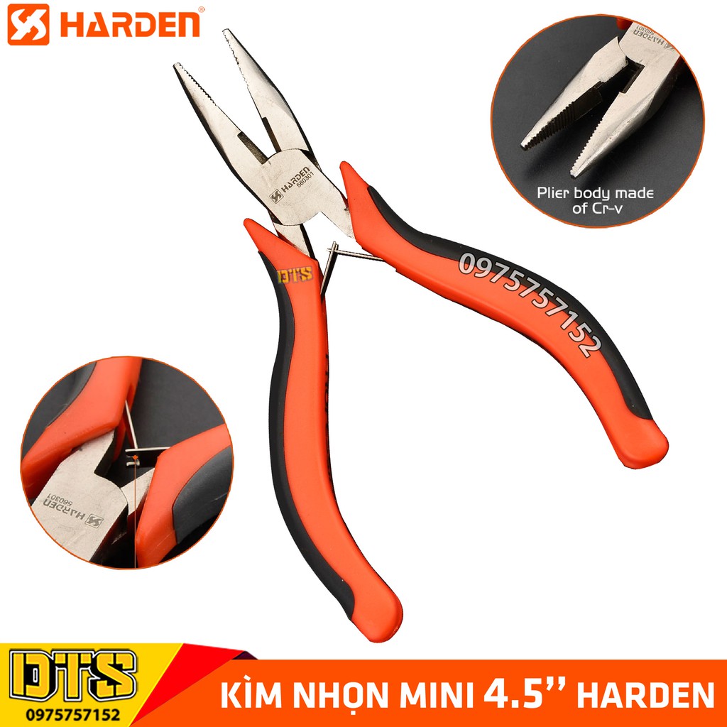 Kìm nhọn mini trợ lực HARDEN 4.5 inch/ 125mm, thép cao cấp CR-V, thiết kế công thái học, lò xo kép - Tiêu chuẩn châu Âu