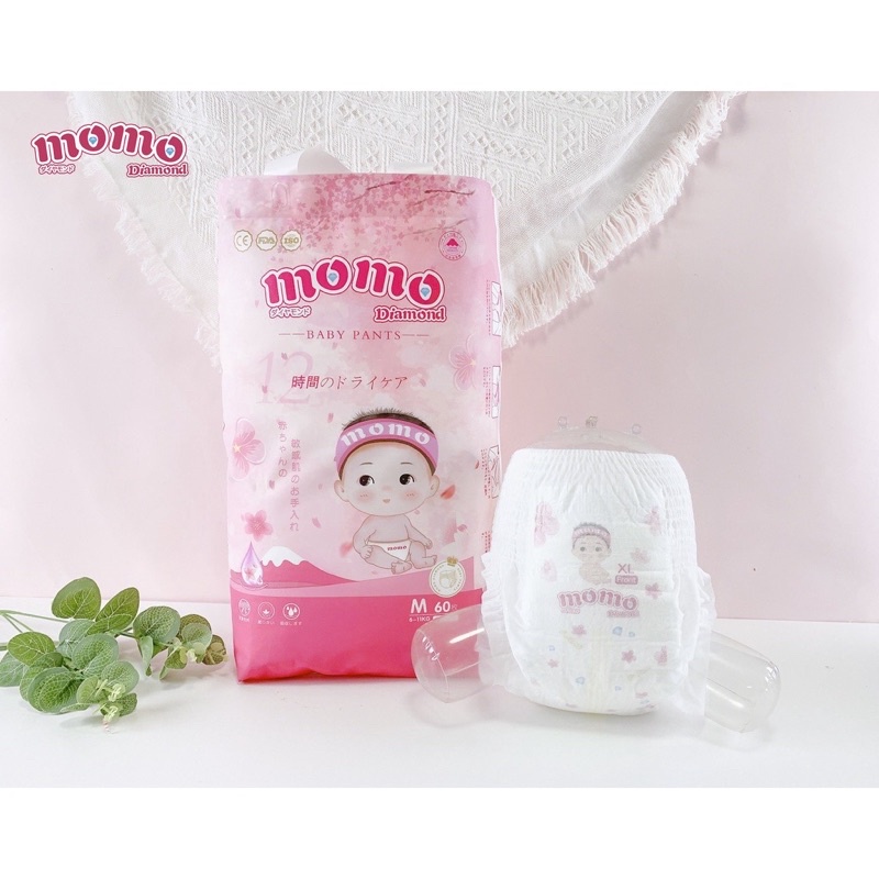 Tã/Bỉm Momo Diamond hoa anh đào cao cấp dán/quần đủ size S64, M62, M60, L54, XL50, XXL48, XXXL46