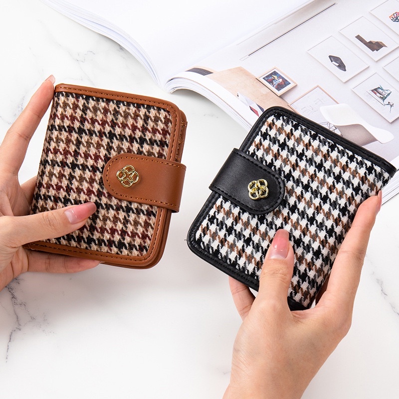 Ví ngắn nữ gập cầm tay da PU cao cấp hoạ tiết kẻ sọc vintage vải thêu