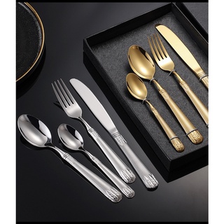Bộ 4 set Dao Dĩa Thìa ăn bít tết inox Cutlery hoạ tiết bông lúa