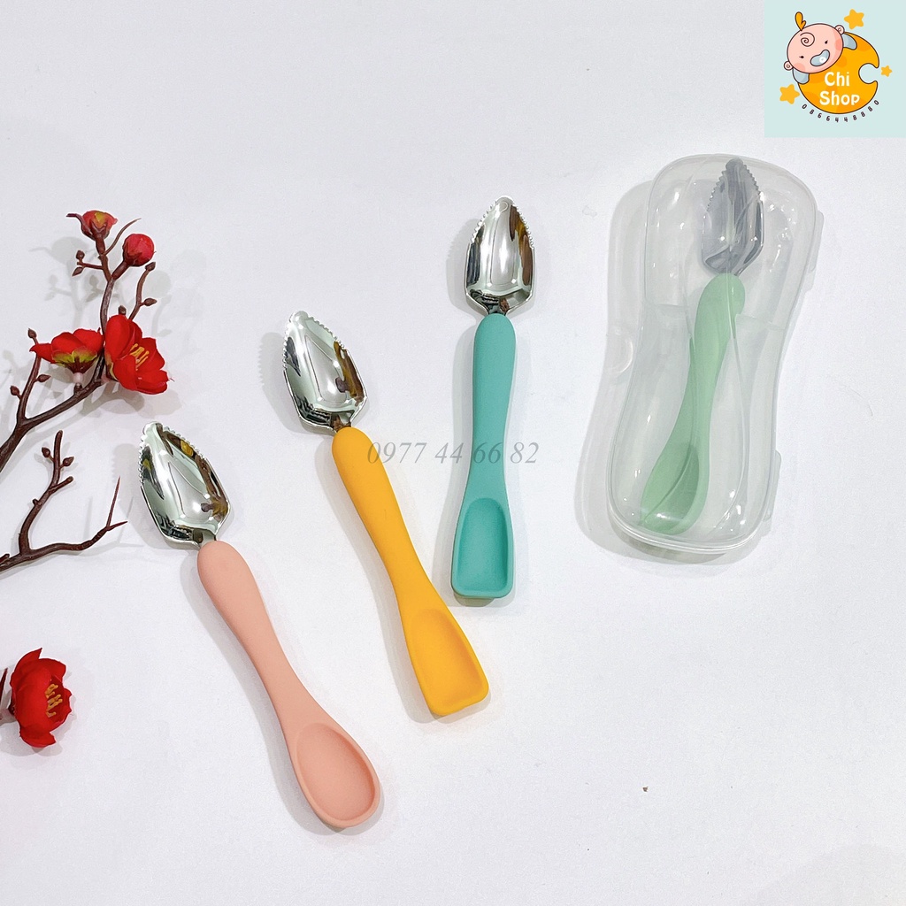 Thìa nạo hoa quả 2 đầu tiện lợi dành cho bé kết hợp thìa ăn dặm silicon