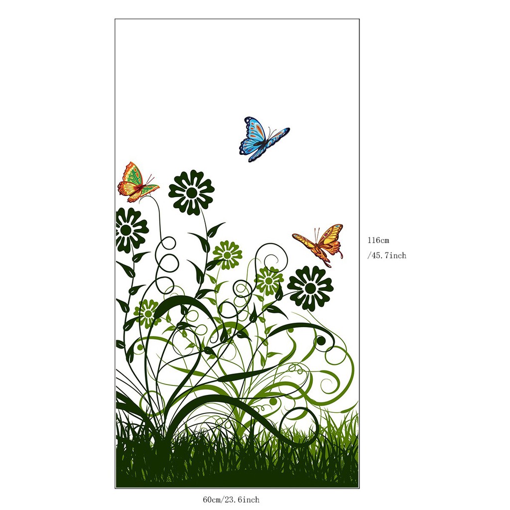 Decal dán kính cao cấp - Cỏ Hoa Xanh Lá và Bướm ( 60x116 )