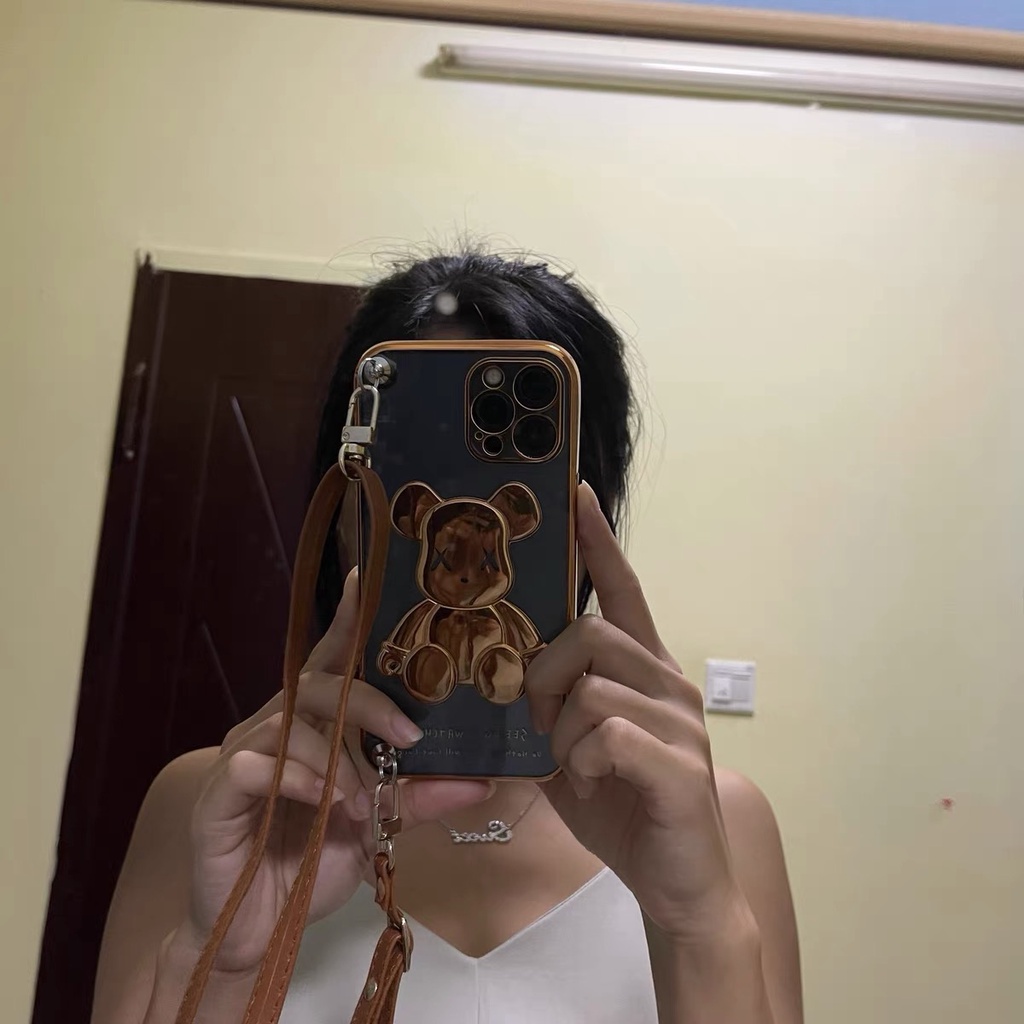 Ốp điện thoại in hình gấu có dây đeo thích hợp cho iPhone ins 13 pro max 12 pro max 11 pro max xs max xr x 7 8 plus
