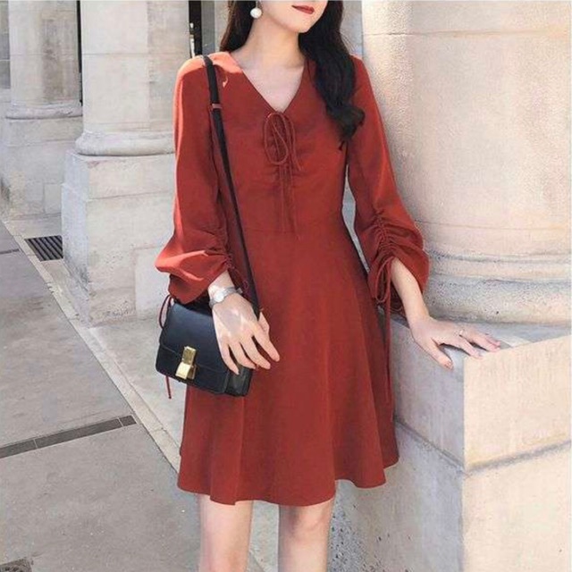 Đầm suông cam rút dây tay dài (kèm hình thật)