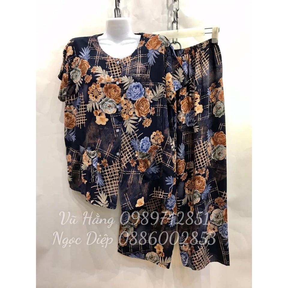 Bộ quần áo người già lanh nhung hoa áo cài cúc 2 túi cho người già và trung niên cho người béo mập