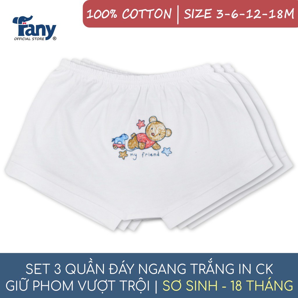 Set 3 quần đáy ngang trắng in CK Fany® size 3M-18M cho trẻ 0-18 tháng tuổi 100% cotton mềm mại thoáng khí 3 quần/ bịch