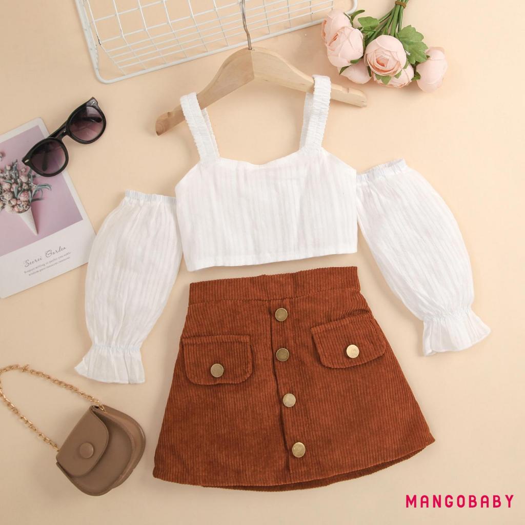 Set Áo Trễ Vai Tay Dài 2 Dây + Chân Váy Thời Trang Mùa Hè Cho Bé Gái