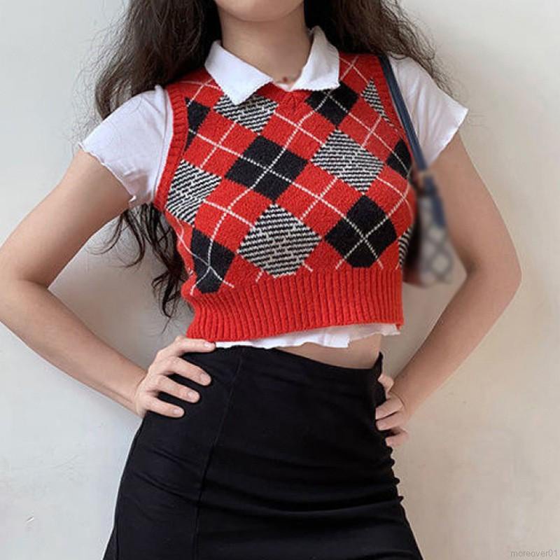 Áo Croptop Dệt Kim Không Tay Cổ Chữ V Họa Tiết Sọc Caro Màu Sắc Tương Phản Thời Trang Cho Nữ | BigBuy360 - bigbuy360.vn