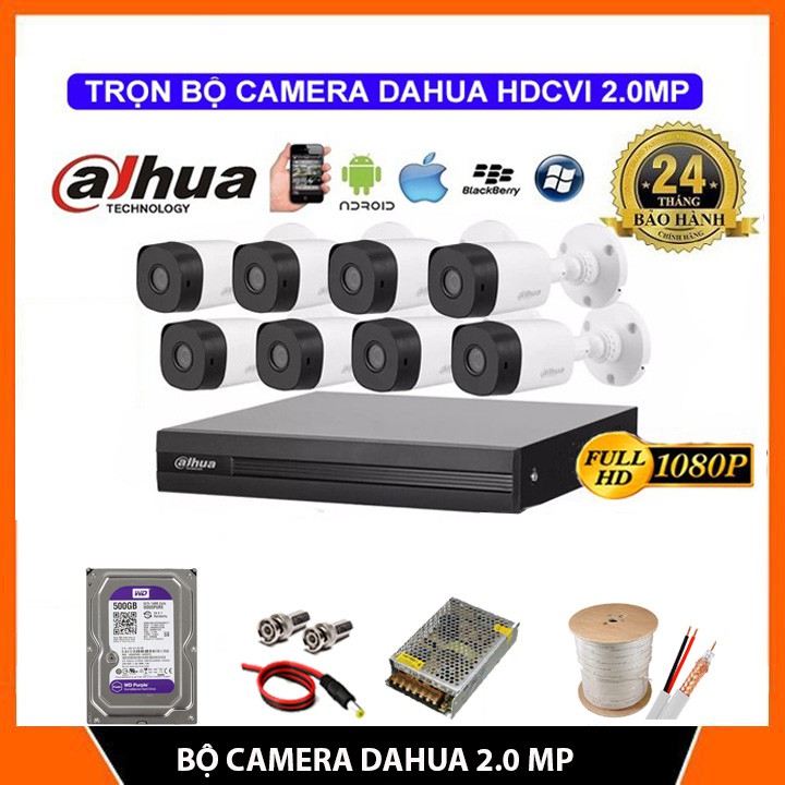 TRỌN BỘ 8 CAMERA GIÁM SÁT DAHUA 2.0MP, FHD 1080P - KÈM HDD (500GB/1TB/2TB) &amp; ĐẦY ĐỦ PHỤ KIỆN ĐỂ LẮP ĐẶT