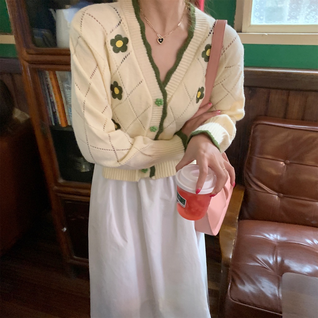 Áo khoác cardigan Pure Cube dệt kim tay dài thêu hoa dễ thương xinh xắn cho nữ