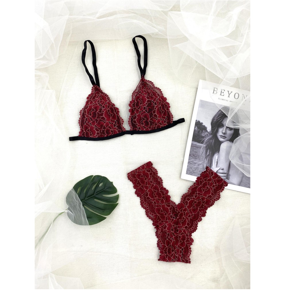 👙Bra thiết kế👙 Bộ đồ lót nữ đỏ họa tiết có mút mỏng hàng thiết kế cao cấp