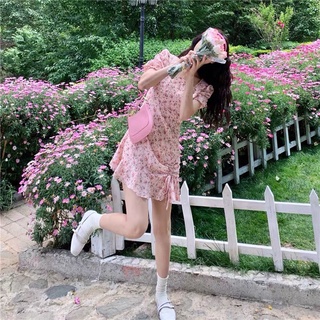Đầm Hồng Ngắn In Họa Tiết Hoa Phong Cách Retro Mỹ Cho Nữ