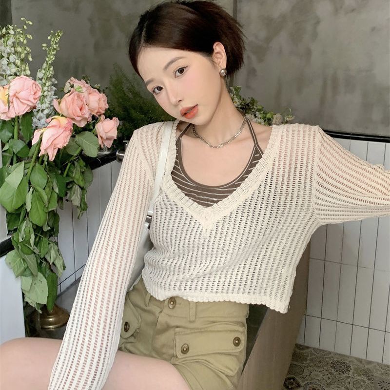 Set đồ COZOKC gồm áo cardigan dệt kim tay dài và áo không tay kẻ sọc thời trang trẻ trung