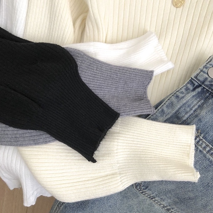 NUZIRO Áo dệt kim  tay dài cổ vuông màu đơn giản phong cách Hàn Quốc cho nữ