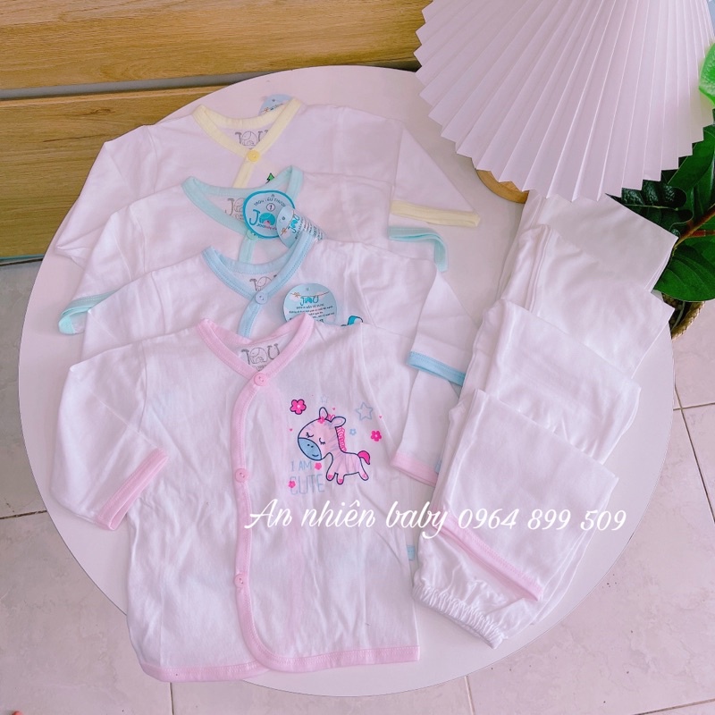Bộ tay dài jou trắng in hình cho bé 3-9kg-Vải cotton 100%