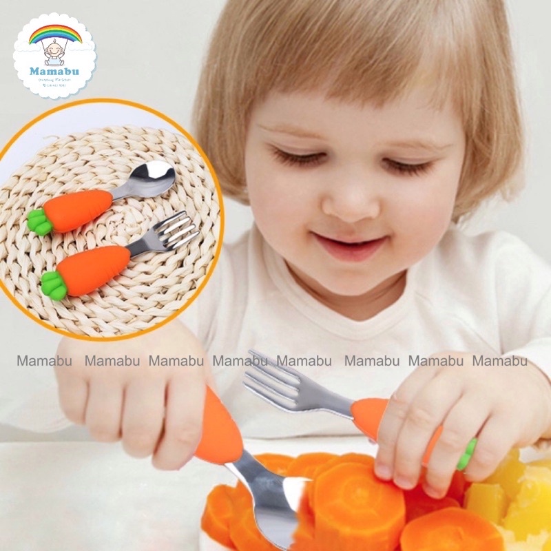 Set Thìa Dĩa Tập Xúc Tập Ăn Cho Bé Hình Cà Rốt, Chân Mèo Đáng Yêu Chất Liệu Inox 304 An Toàn Mamabu