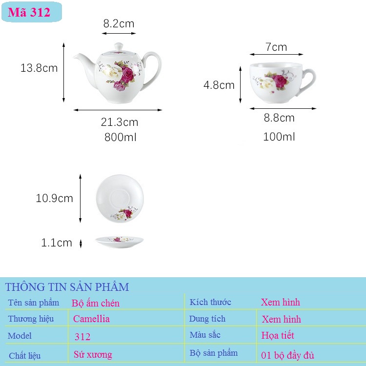 Bộ Ấm Chén Pha Trà Phong Cách Hàn Quốc Đẹp 100% Sứ Xương Camellia Mã 312