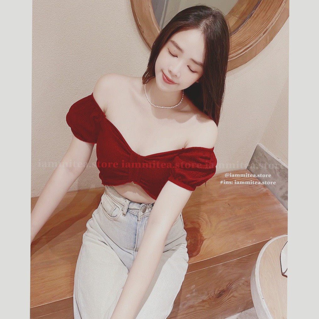 Áo kiểu xốp croptop trễ vai bo tay nhúm ngực cực sexy , chất thun xốp mềm mịn
