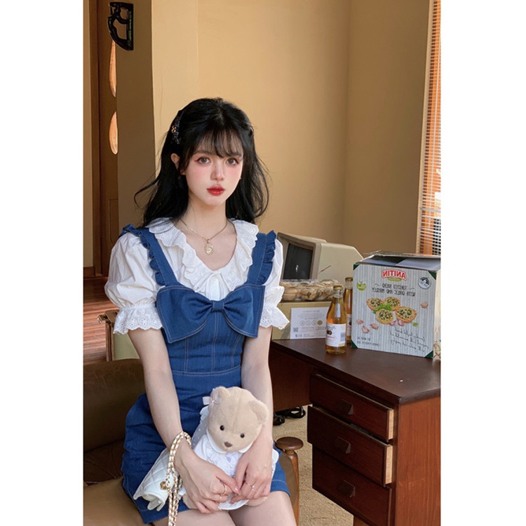 ✱₪✠Bộ Áo Sơ Mi Phối Bèo + Chân Váy Denim Phong Cách Mới Mùa Hè 2022 0811