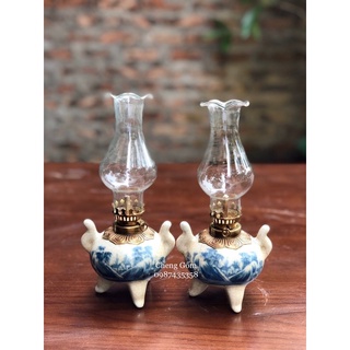 Đèn dầu men rạn cổ bọc đồng 3 chân (tặng bóng) gốm sứ Bát Tràng