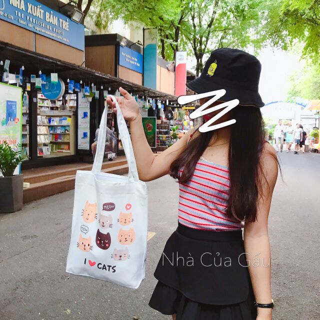 Túi tote vải canvas xịn mặt mèo cute