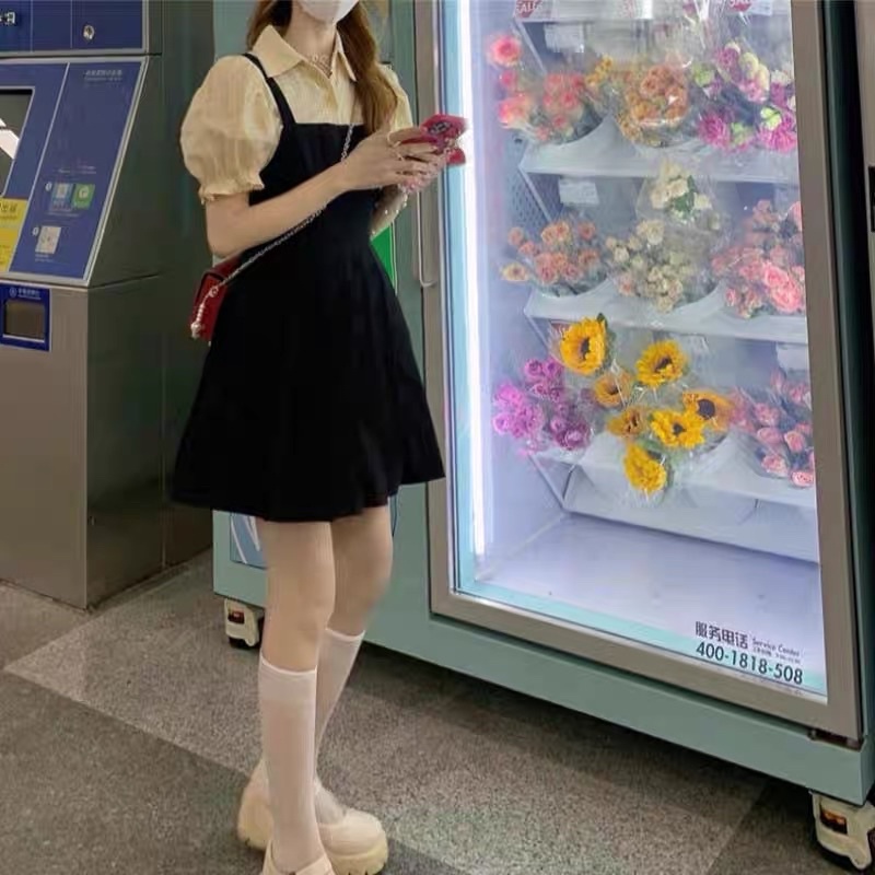 Váy sơ mi liền thân dáng xoè xếp ly phong cách Hàn Quốc thời trang nữ mùa hè