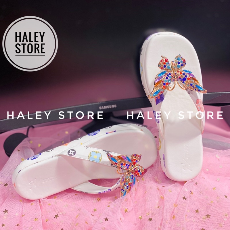 Dép nữ HALEY STORE đế bánh mì quai kẹp đính bư.ớm đá xoàn nhiều màu xinh rẻ bền đẹp tiểu thư sang trọng thời trang mới