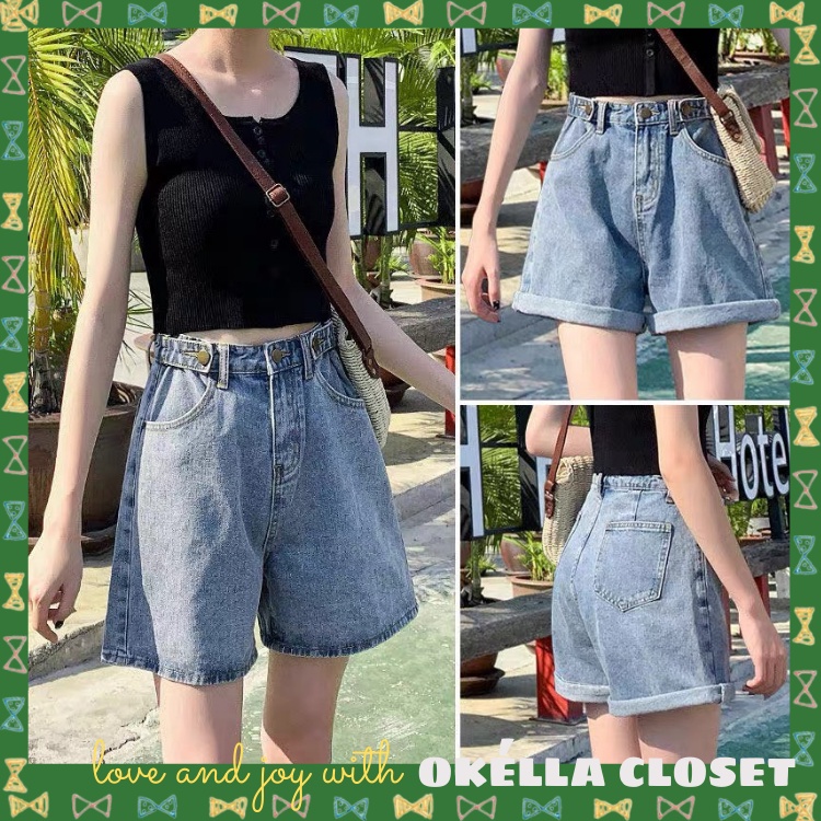 Quần Short Jean nữ ống rộng có cúc ngay eo, quần đùi chất bò mềm mịn Okélla | BigBuy360 - bigbuy360.vn