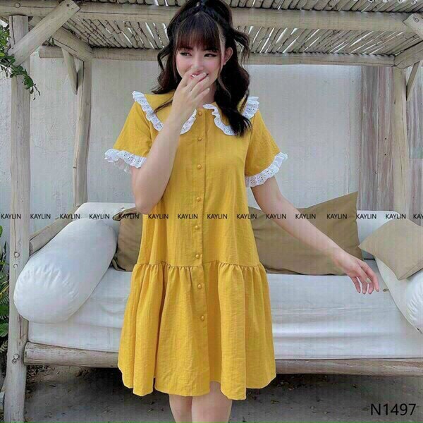 [ Miễn phí ship 2022 ] Đầm vàng babydoll tay búp , đầm bánh bèo nút cổ bèo phối ren dáng xòe tiểu thư xinh xắn