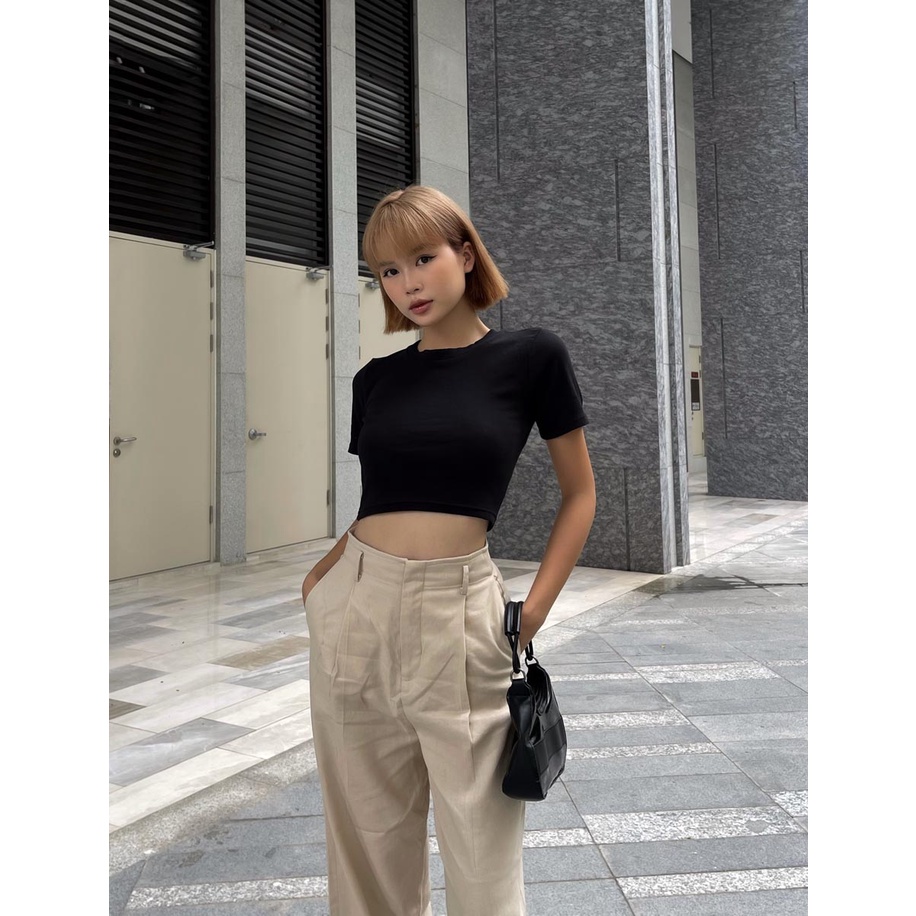 Quần dài ống suông xếp 1 li trước sam lai thời trang GAGO màu kem GO4104