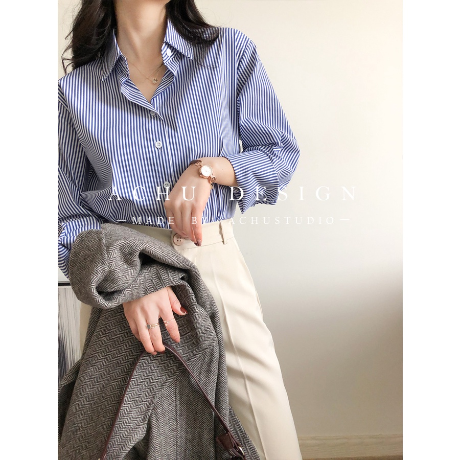 Áo sơ mi dài tay kẻ sọc dọc màu xanh trắng cho nữ