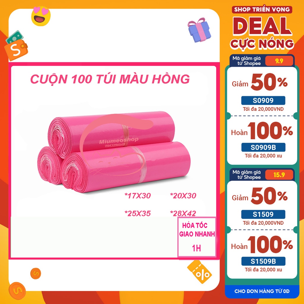 Túi nilon gói hàng - 100 túi niêm phong đóng hàng màu hồng đủ size