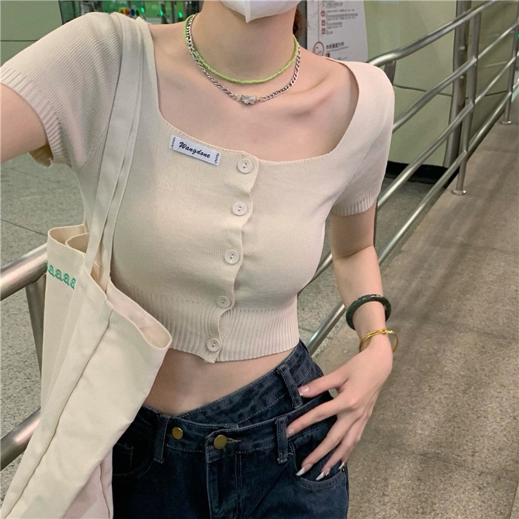 Xiaozhainv Áo sweater Croptop Cổ Vuông Kiểu Hàn Quốc Thiết Kế Quyến Rũ Cho Nữ