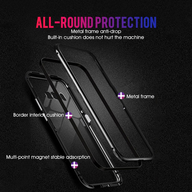 Ốp điện thoại kính cường lực viền kim loại nam châm cho Samsung Galaxy J8 J6 J4 A7 A9 2018 / C7 C9 pro / J4 J6 A6 A8 plus
