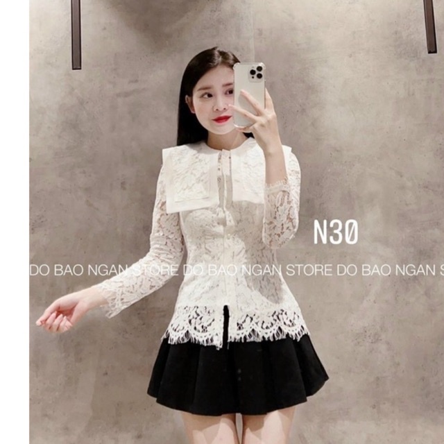 Áo kiểu ren cổ lá form ôm đẹp, Áo thiết kế viền ren sang chảnh AK2202 - NhiNhi Shop