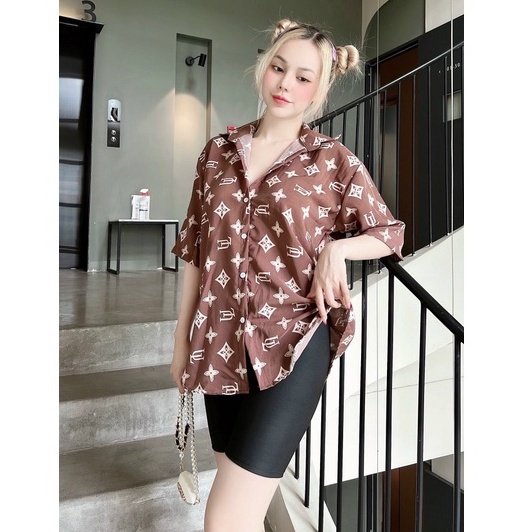 Sét bộ áo sơ mi form rộng in logo eo vì hiệu kín áo phối quần ngố thun cực hot , chất kate mềm mát alohashop91