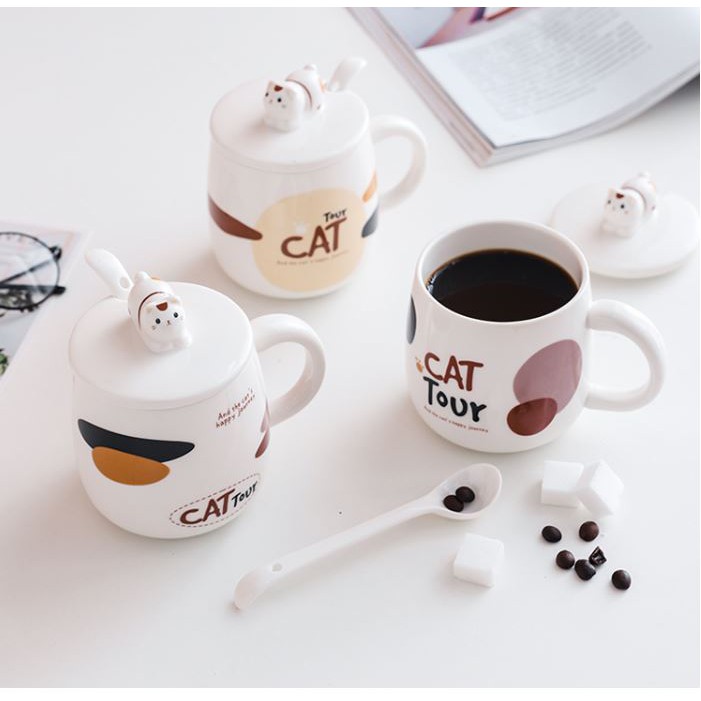 Cốc sứ có nắp đậy hình nèo CatTour dễ thương 400ml, uống trà cà phê