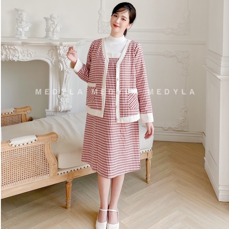 Đầm bầu yếm công sở dạ tweed thu đông - Yếm bầu kèm áo len co dãn áo khoác dạ tweed cực sang