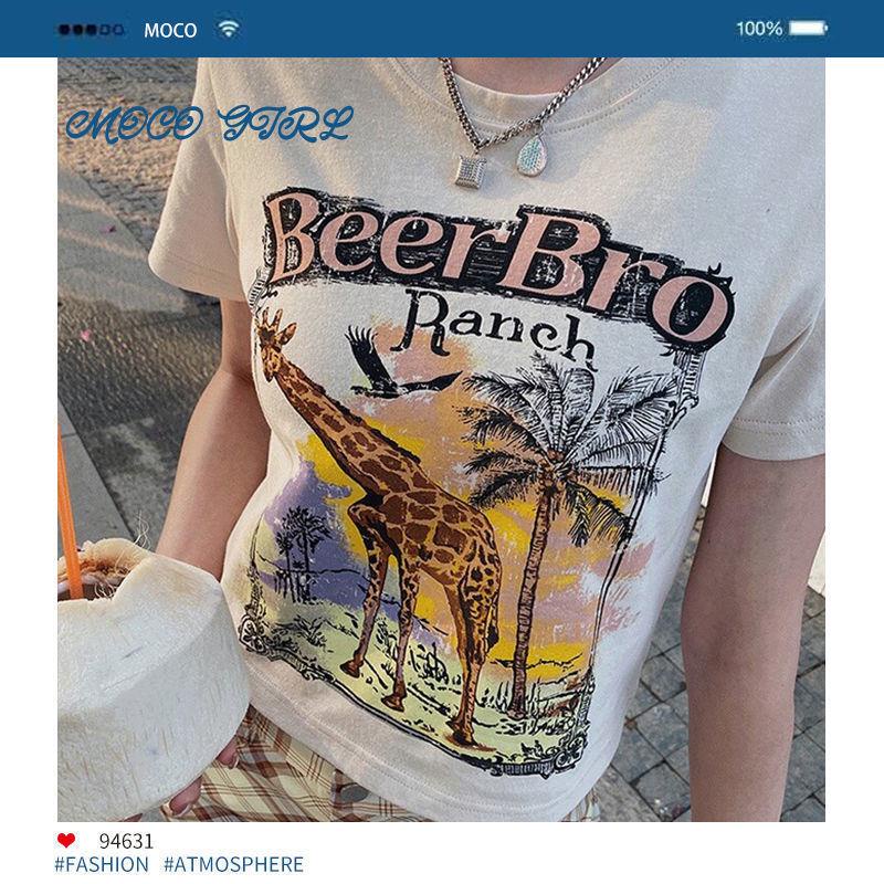 Áo Thun Tay Ngắn 100% Cotton Nguyên Chất In Họa Tiết Phong Cách Retro Mỹ Thời Trang Cho Nữ