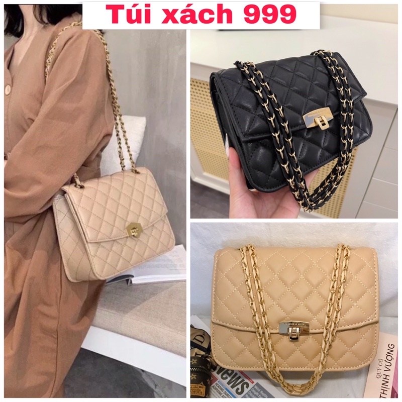 Túi xách nữ công sở CK ô trần trám size 22cm khoá gập nhiều ngăn lót da túi đeo chéo đeo vai dây xích