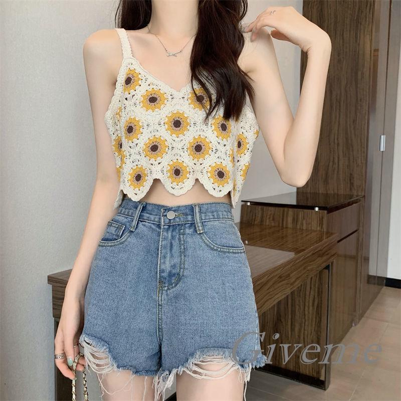 Áo Croptop Dệt Kim Sát Nách Cổ Chữ V Họa Tiết Hoa Hướng Dương Thời Trang Mùa Hè Cho Nữ