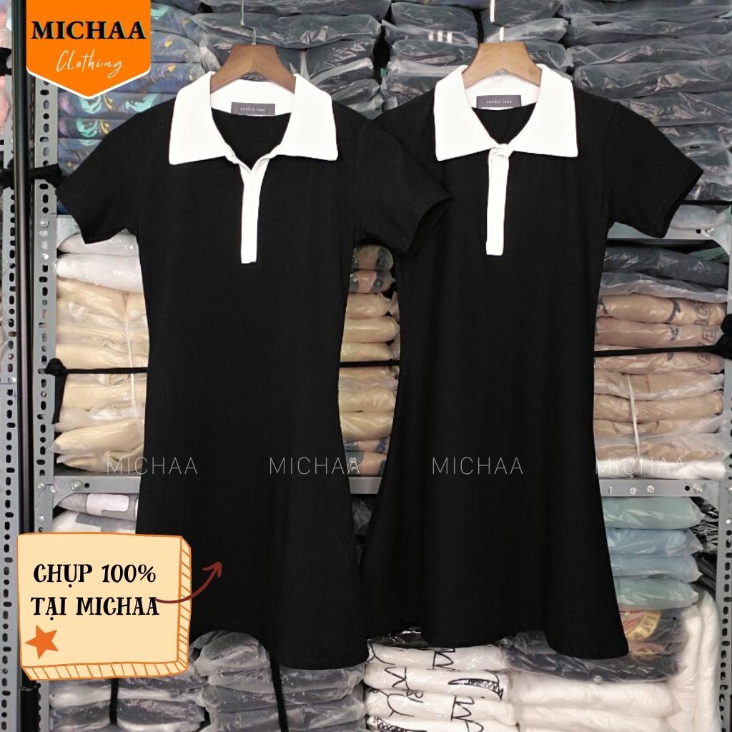 Đầm Váy Body CỔ POLO Phối Trắng Nữ Kiểu Tay Ngắn Dáng Xoè Tôn Dáng Mặc Đẹp - MICHAA