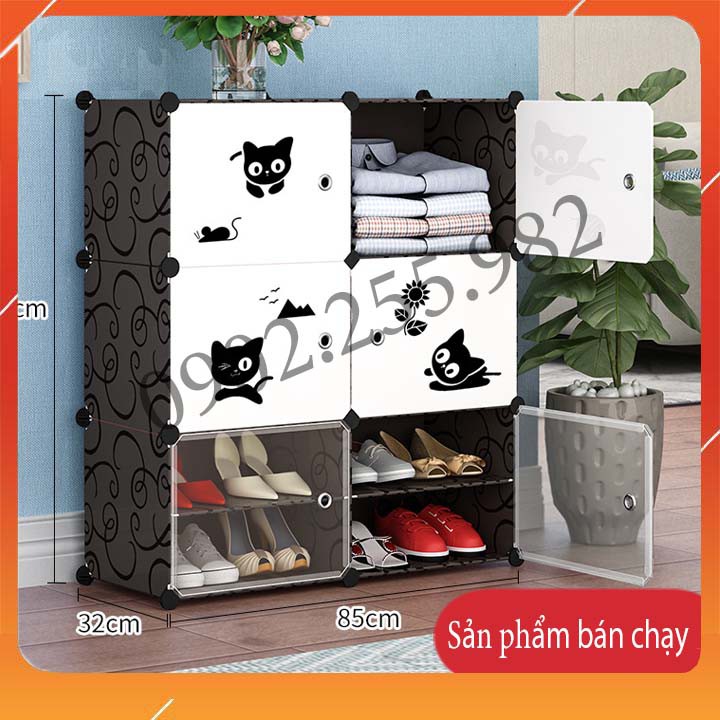 [RẺ NHẤT SHOPEE] TỦ ĐỂ QUẦN ÁO BÊN TRÊN KẾT HỢP TỦ GIẦY BÊN DƯỚI  CỬA HỌA TIẾT KẾT HỢP CỬA TRẮNG TRONG MẪU 6 Ô LỚN