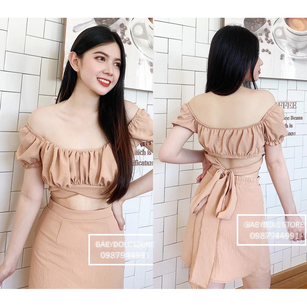 Set áo croptop trễ vai tay phồng và chân váy chữ A